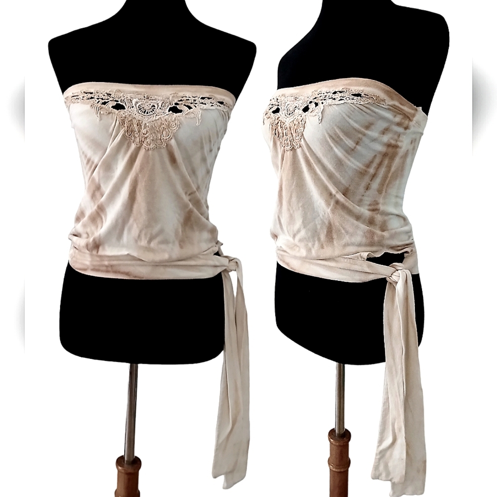 Vintage Tie Dye Tube Top w/ Lace Applique Size Small Lux Ivory Cream Hippie Boho